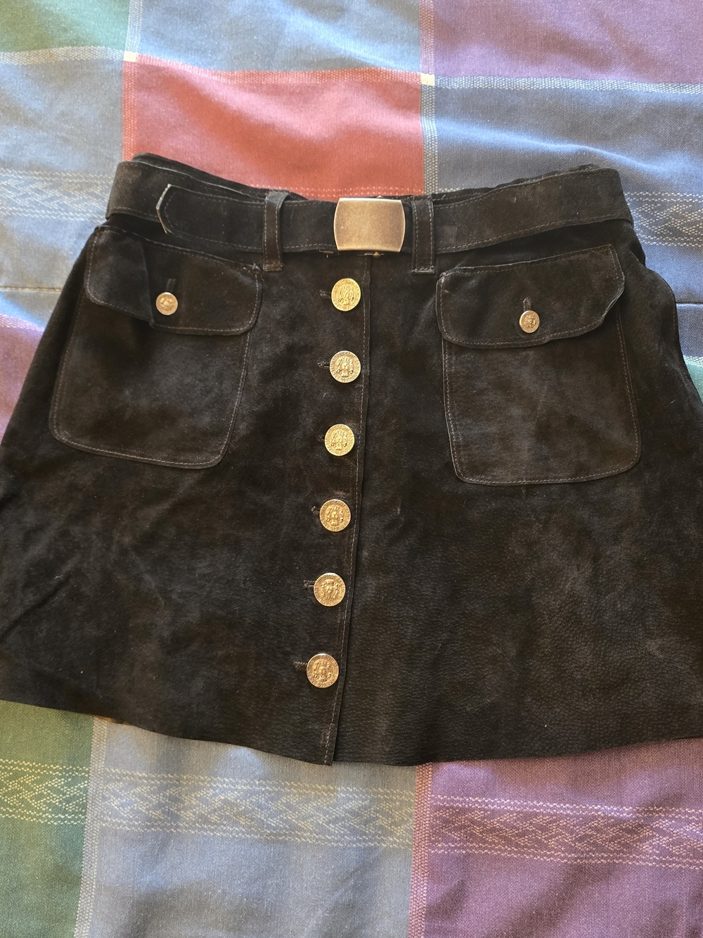 Jill Stuart Black Suede Gold Button Mini Skirt Belted Size 8